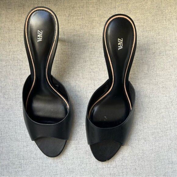 ZARA Leather Peep Toe Black Heel Sandals - Picture 7 of 11